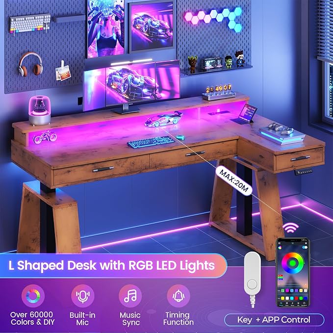 SEDETA 59 Inch L Shaped Electric Standing Desk with Drawers, Executive Adjustable Desk with Power Outlets, Monitor Stand, Sit Stand Computer Table for Home Office, Brown