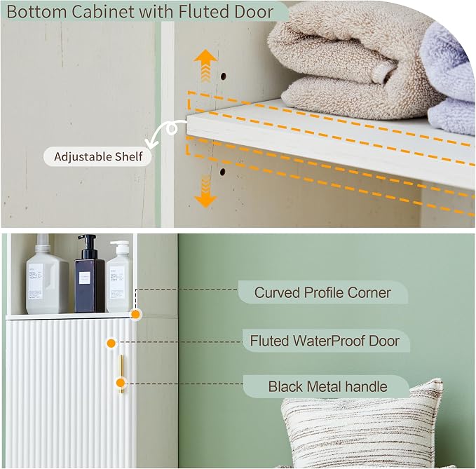 Bifins 68" Tall Bathroom Storage Cabinet,Narrow Fluted Tower Cabinet with Door and Shelves,Slim Space Saving Storage Unit for Bathroom Kitchen Living Room (White, 11.8" D x 15.75" W x 68" H)