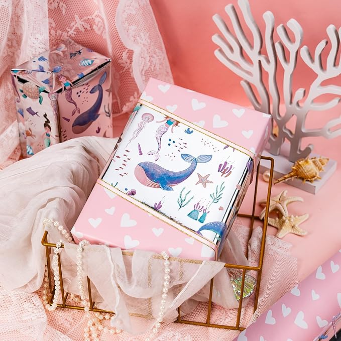 Homeral Reversible Mermaid Wrapping Paper Roll - Metallic Foil Whale, Turtle, Shell, Ocean-Themed with Pink Heart for Girl Birthday, Baby Shower - Mini Roll - 17 Inch x 33 Feet