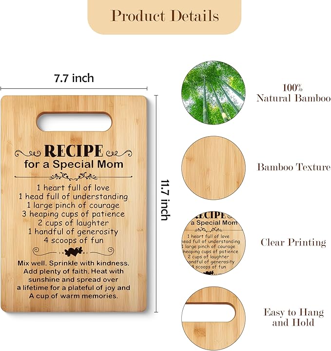Gifts for Mom, Mom Cutting Board, Best Mom Gifts, Christmas Birthday Gifts for Mom, Kitchen Gifts for Mom, Mom Gifts from Daughter Son, Recipe for a Special Mom Bamboo Cutting Boards for Kitchen