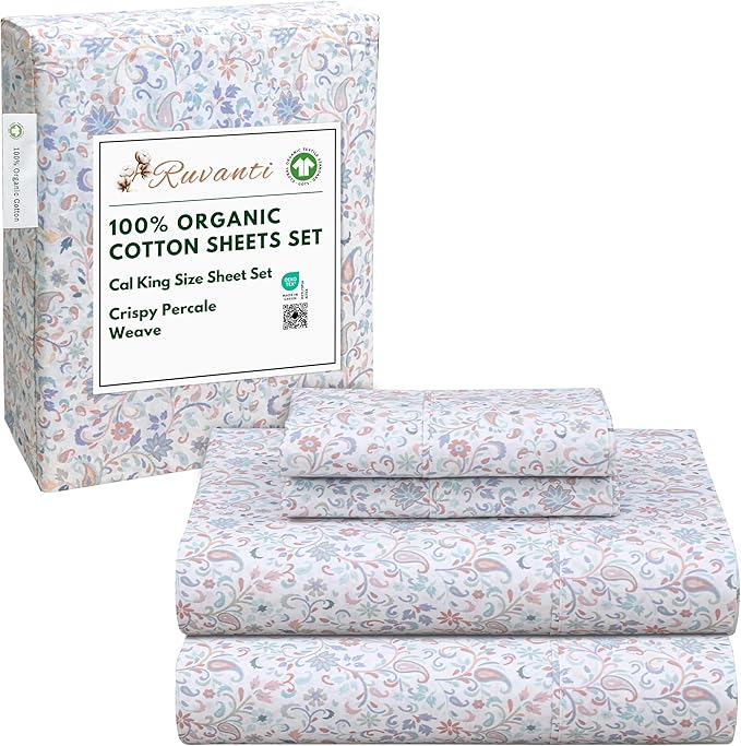 RUVANTI 100% Organic Cotton Sheets California King, Percale Weave, GOTS Certified, 4-Piece Set, Deep Pocket 13", Crisp & Breathable, Soft Durable Bedding, Sábanas Algodón Orgánico – Multi Paisley