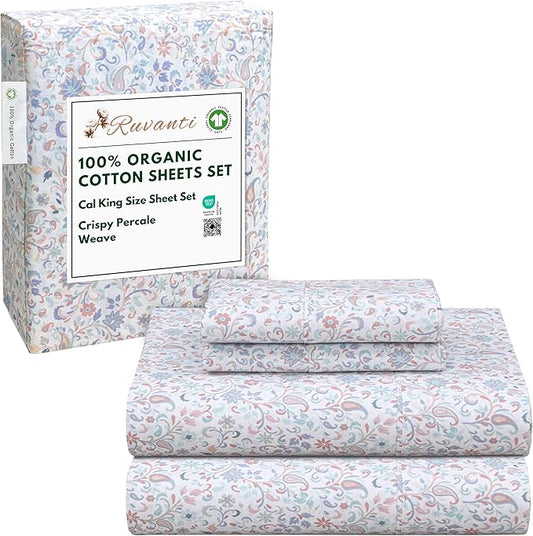 RUVANTI 100% Organic Cotton Sheets California King, Percale Weave, GOTS Certified, 4-Piece Set, Deep Pocket 13", Crisp & Breathable, Soft Durable Bedding, Sábanas Algodón Orgánico – Multi Paisley