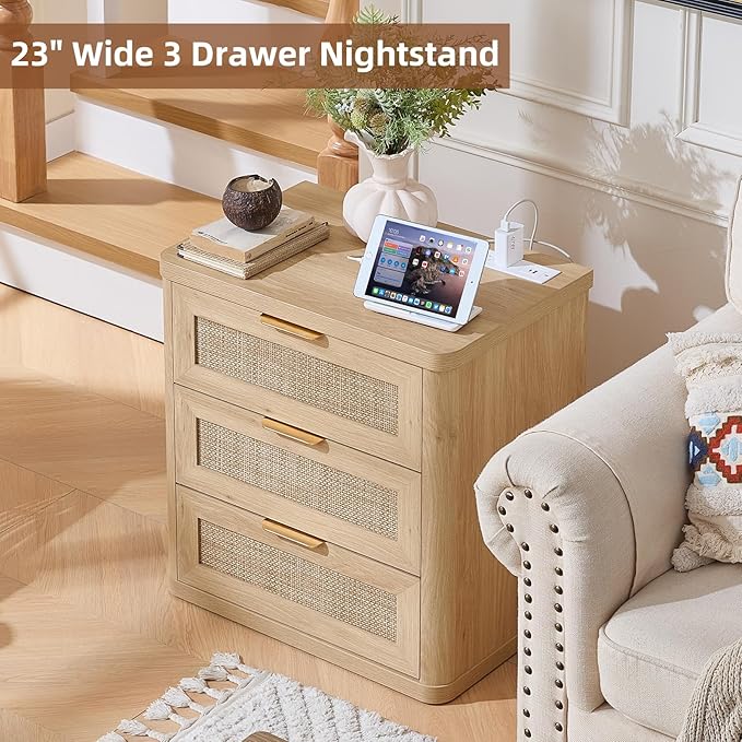 LEYAOYAO Rattan Night Stand with Charger Station, 23" Large 3 Drawer Boho Nightstand, Natural Wood Bedside Table Storage Cabinet, Bed Side End Tables for Bedroom, Living Room, Hallway