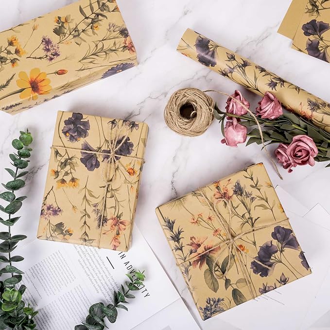 Altarho Kraft Floral Wrapping Paper Roll For Women Girls Wild Flower Design Gift Wrap for Birthday Wedding Mothers Day Bridal Shower Engagement Total 28.5sq.ft