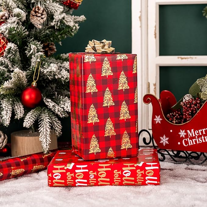 MAYPLUSS Christmas Wrapping Paper Roll, Red Plaid Wrapping Paper, Classic Red Christmas Tree and Plaid Gift Wrap with Metallic Foil Shine for Holiday Gift Packaging (17 Inch X 16.5 Feet)