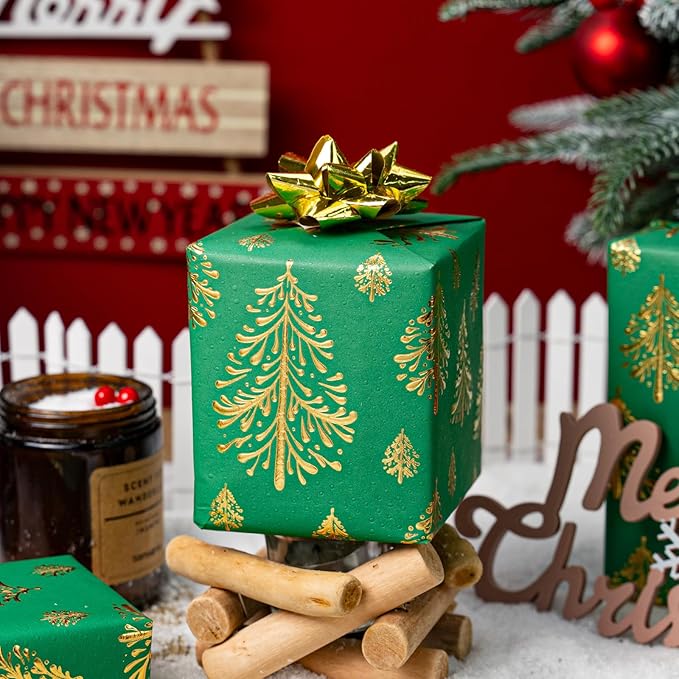 Flyhill Kraft Christmas Wrapping Paper, Green 3D Embossed Gold Foil Christmas Pine Tree with Woodlands Wrap Paper for Holiday, Party,Celebration, New Year (17 Inch X 32.8 Feet)