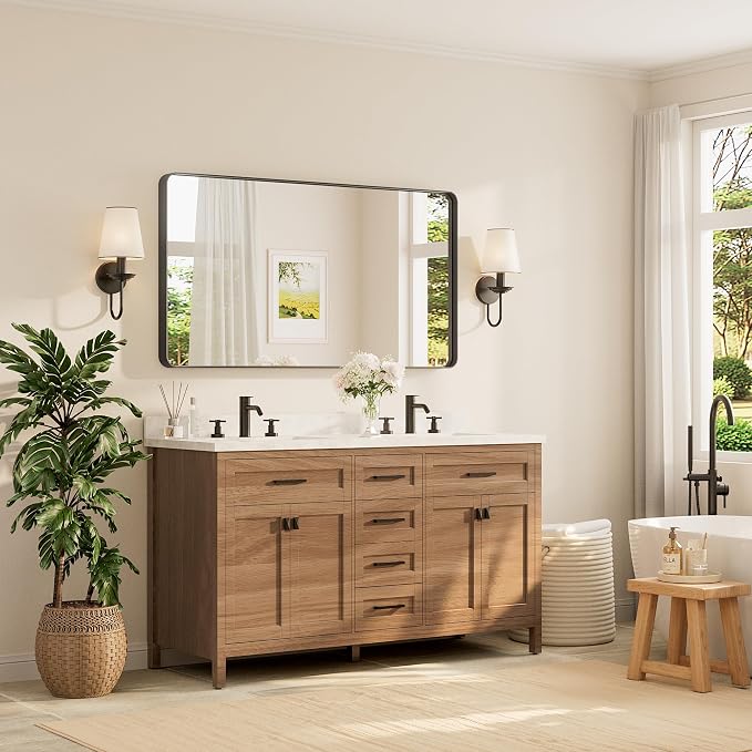 TETOTE 55 x 30 Inch Bathroom Mirror, Matte Black Modern Metal Frame Rectangle Modern Farmhouse Wall Mounted Vanity Mirror (Horizontal/Vertical)
