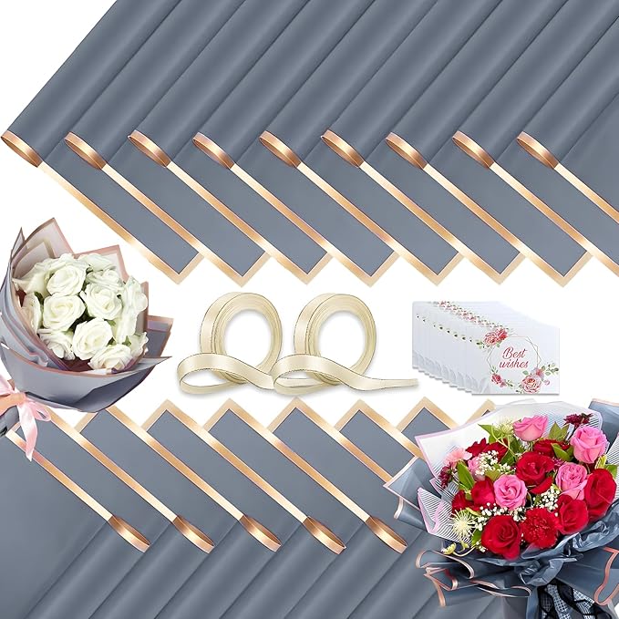 Luerbi 40 Sheets Grey Flower Wrapping Paper, Gold Edge Waterproof Floral Wrapping Paper, 22.8x22.8 inch Bouquet Paper Wrap with 2 Rolls Ribbon for Wedding Birthday Gift DIY Crafts Florist Supplies