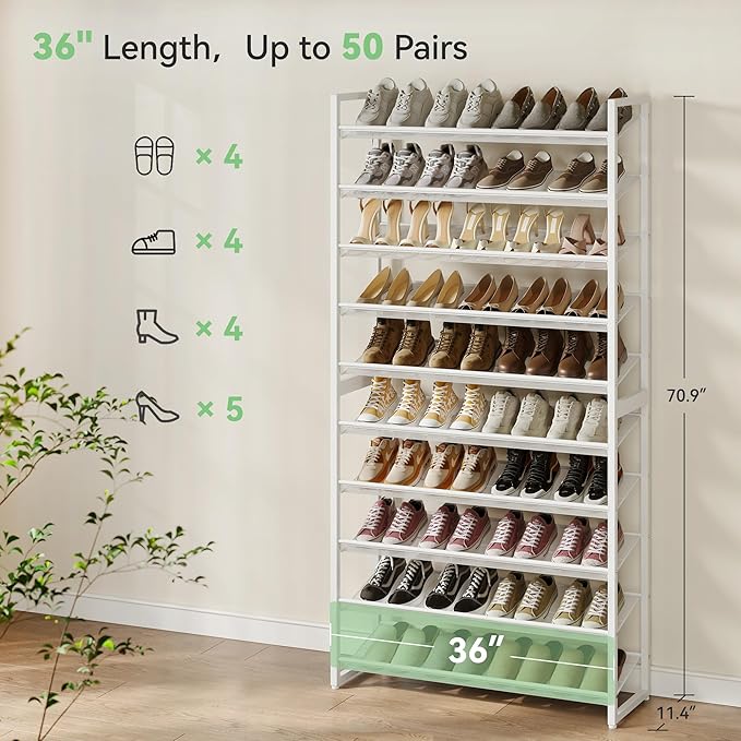 Nunsino Shoe Rack,10 Tier Metal Shoe Organizer,Max Holds 50 Pairs,Heavy Duty Shoes Shelf for Garage, Entryway, Closet,White