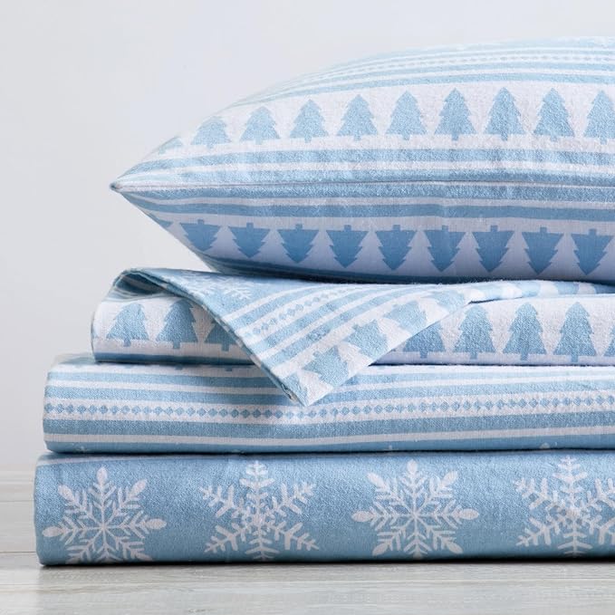 Market & Place 100% Cotton Twin Flannel Sheet Set | 3 Piece Deep Pocket Novelty Cozy Winter Bed Sheets | Double Brushed for Extra Softness & Comfort | Alpine Collection (Twin, Striped Snowflake)