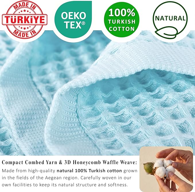 PÜSKÜL 4-Piece Natural 100% Turkish Cotton Luxury Waffle Towels for Bathroom | Premium Honeycomb Weave 2 Hand Towel & 2 Bath Towel Set | Soft Absorbent Quick-Dry Lightweight Towels (Turquoise)