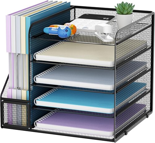 Marbrasse Desk Organizer - 5-Tier Mesh Letter Tray with File Holder | Office Supplies Organizer (Black)
