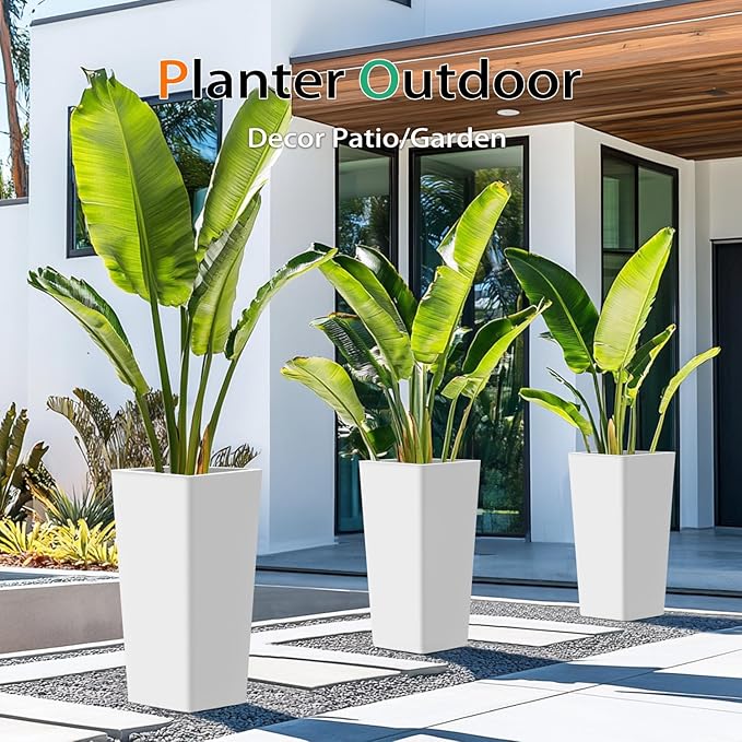 Tall Planters for Outdoor Plants, Large Resin Flower Pots for Garden, Front Porch, Patio, Indoor - Set of 2 (White, 28 inch - 2 Pack)