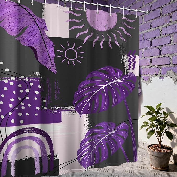 Extra Long Shower Curtain 96 Inchs Extra Tall Purple and Gray Mid Century Modern XL Abstract Shower Curtains for Large Bathroom Decor Sets, Waterproof Cloth Fabric with Hooks, 70 x 96 Inch