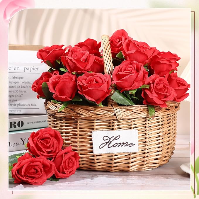 Lyrow 200 Pcs Artificial Roses Realistic Flowers Bulk Real Looking Fake Silk Rose Bouquets with Long Stem Flowers for Wedding Table Centerpieces Bridal Shower Party Home Garden Decor (Red)