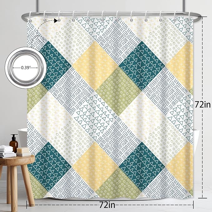 Boho Green and Yellow Shower Curtain, Modern Chic Abstract Geometric Striped Pattern Bathroom Curtains, Minimalist Hotel Style Polyester Shower Curtain, Waterproof Fabric with Hooks, 72" W x 72" L