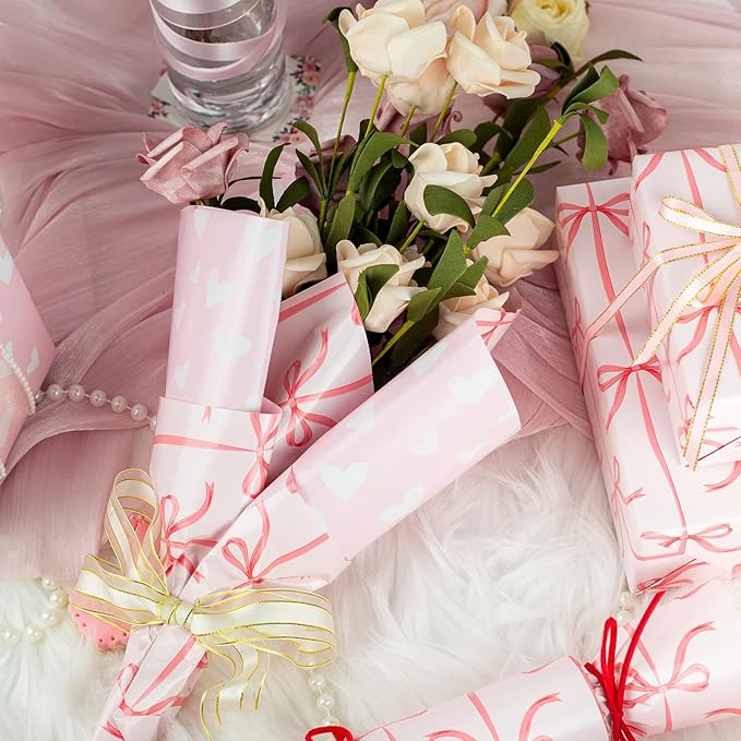 Burymento Pink Bow Wrapping Paper, Reversible Pink Love Design Gift Wrap for Baby Shower, Birthday, Valentines, Mothers day, Graduation, Wedding, Fathers day, Christmas (17 Inch X 32.8 Feet)