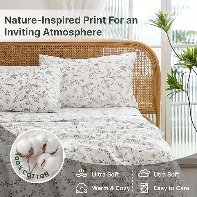 100% Cotton Sheet Set Queen Size – 4-Piece Chic White Floral Bedding Set, Soft Breathable Percale Weave, Deep Pocket Fitted Sheet 17.5", Crisp Cool Feel, Refined Botanical Elegance