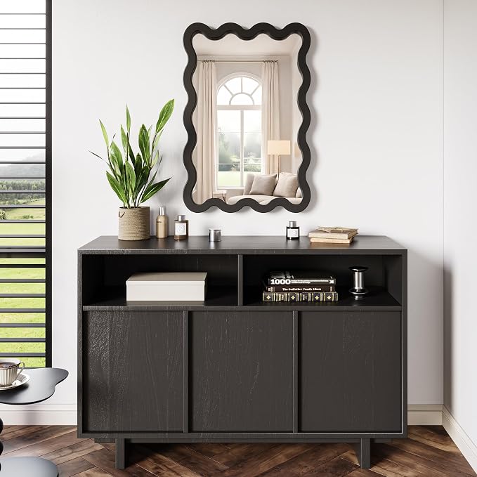 22"x30" Matte Black Wavy Wall Mirror for Powder Room & Vanity, Solid Wood Squiggle Mirror, Small Asymmetrical Irregular Mirror, Funky Aesthetic Decor, Vertical/Horizontal