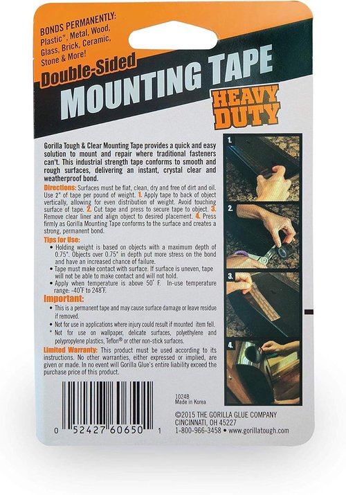 Gorilla Heavy Duty Double Sided Mounting Tape - 1" x 60" Black | Pack of 10 for Strong Adhesion