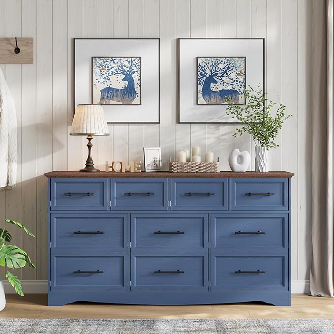 Blue 10 Drawer Dresser for Bedroom, 59" Wide Chest of Drawers w/Brushed Metal Handle, Wood Dresser TV Stand Closet Organizers and Storage Cabinet for Bedroom, Living Room, Hallway