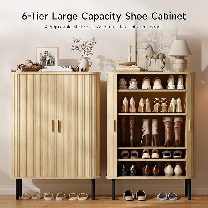ONBRILL 6-Tier Shoe Cabinet with Sliding Door, Wooden Shoe Storage Cabinet with Adjustable Shelves, Mid-Century Modern Freestanding Shoe Storage Organizer for Entryway, Hallway, Living Room, Oak
