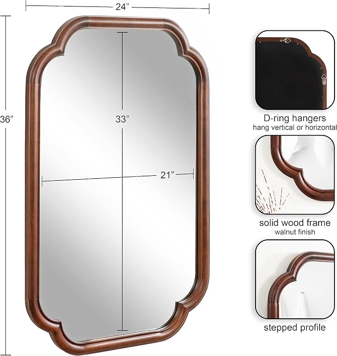 Kate and Laurel Glenby Traditional Scalloped Wall Mirror, 24 x 36, Walnut Brown, Wooden Farmhouse Bathroom Mirror with Rounded and Stepped Frame Profile