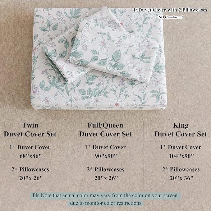 EAVD Vintage Style Garden White Floral Duvet Cover Queen Soft 100% Cotton Flower Green Leaves Botanical Bedding Set with 2 Pillowcases Chic Botanical Floral Comforter Set Aesthetic Bedding Set
