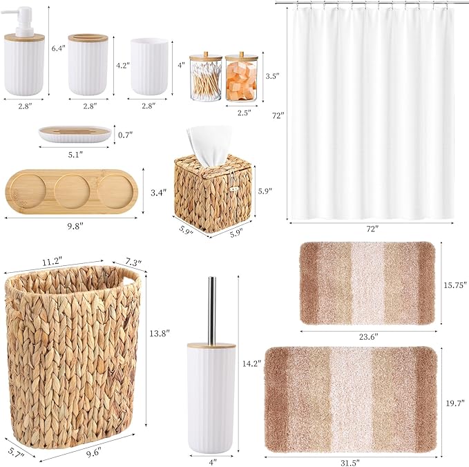 Bathroom Accessories Set, 25PCS Wicker Bathroom Accessory Set with Shower Curtain, Bath Mat, Soap Dispenser, Handwoven Trash Can & Rattan Tissue Box (White, Bath Set+Shower Curtain+Rugs)