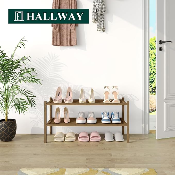 Smiry Bamboo Shoe Rack, 2 Tier Shoe Organizer for Entryway & Closet, Stackable Free Standing Storage Shelf for Shoes, Bags & Plants, Walnut