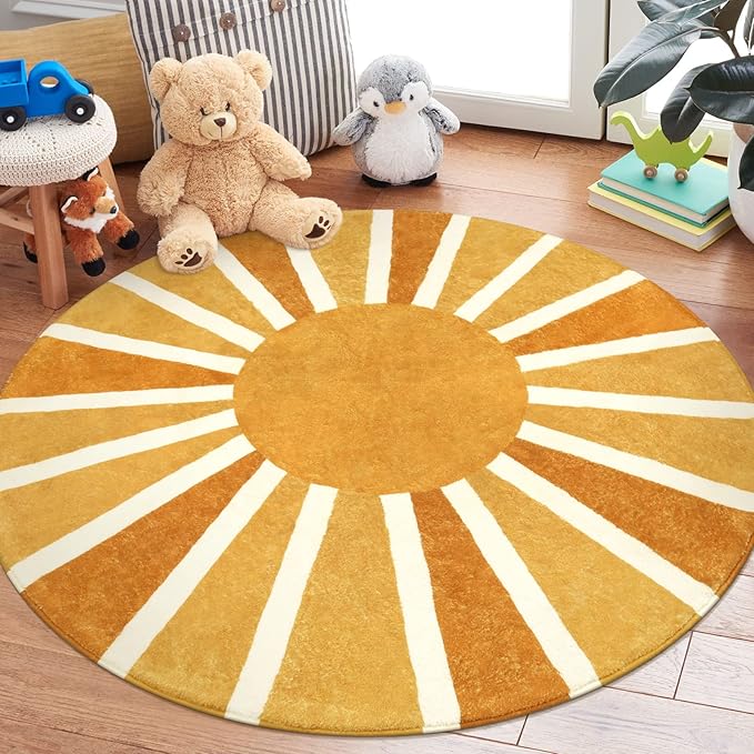 Lahome Round Rug 7Ft Round Area Rug for Living Room, Washable Throw Soft Boho Round Rug Large Non-Slip Untra-Thin Round Dining Room Rug, Cute Rainbow Sun Print Floor Round Carpet for Bedroom Nursery