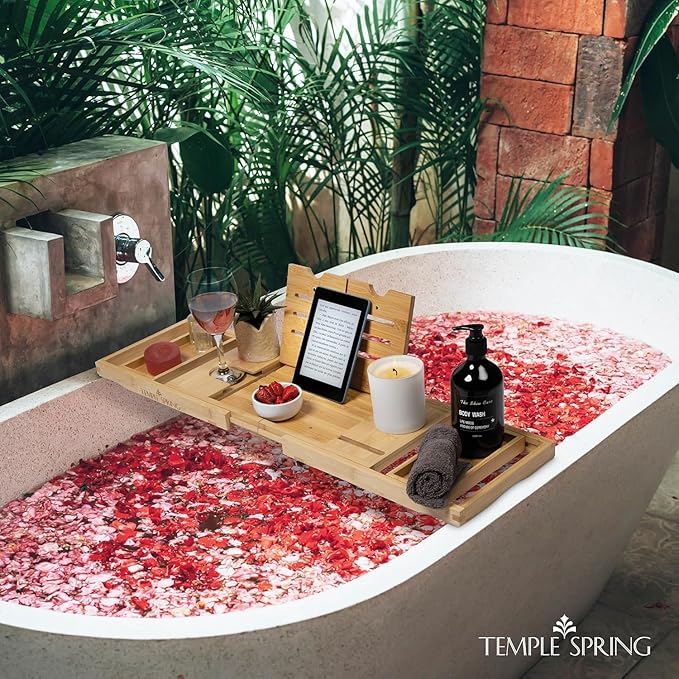 Temple Spring Foldable Bamboo Bathtub Tray Caddy for Tub — Expandable One-Piece Wood Bath Table with Wine Holder Book Stand and Non-Slip Pads — Space-Saving Bath Caddy — Housewarming