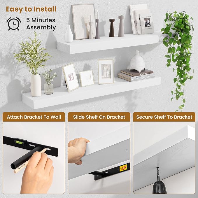 Fun Memories Floating Shelves for Room Wall, 36 Inch Long Shelf Set of 2， Hanging Wood Shelves for Storage & Display, White