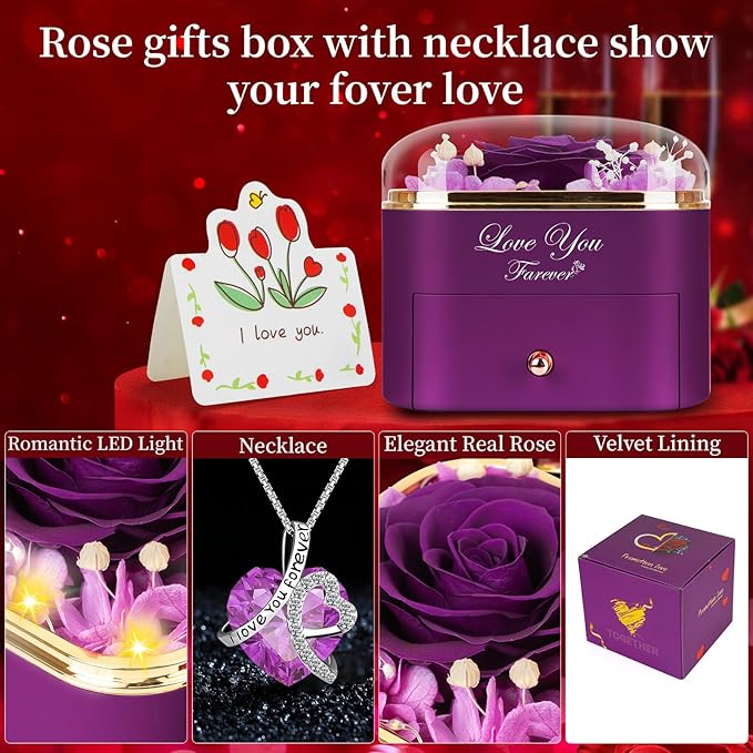 Preserved Purple Real Rose with Heart Necklace -Eternal Flowers Rose Birthday Gifts for Women Wife Mom Girlfriend Grandma Gifts Idea on Christmas Valentines Mothers Day for Her
