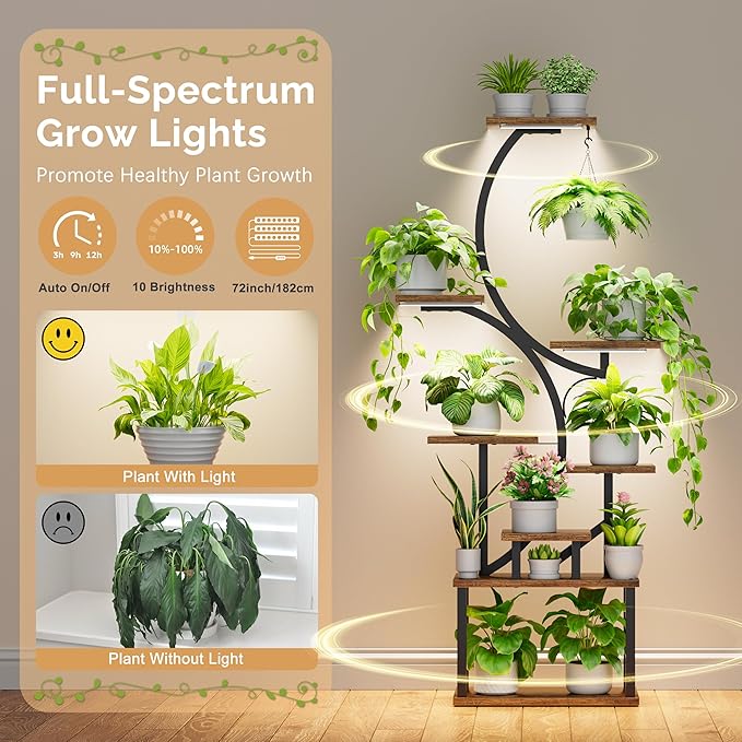 Plant Stand with Grow Lights for Indoor Plants, 8-Tiered Tall Corner Plant Shelf with Full Spectrum Light, S-Shaped Space-Saving Narrow Flower Holder, Anti-Tip for Living Room Bedroom Office, Brown