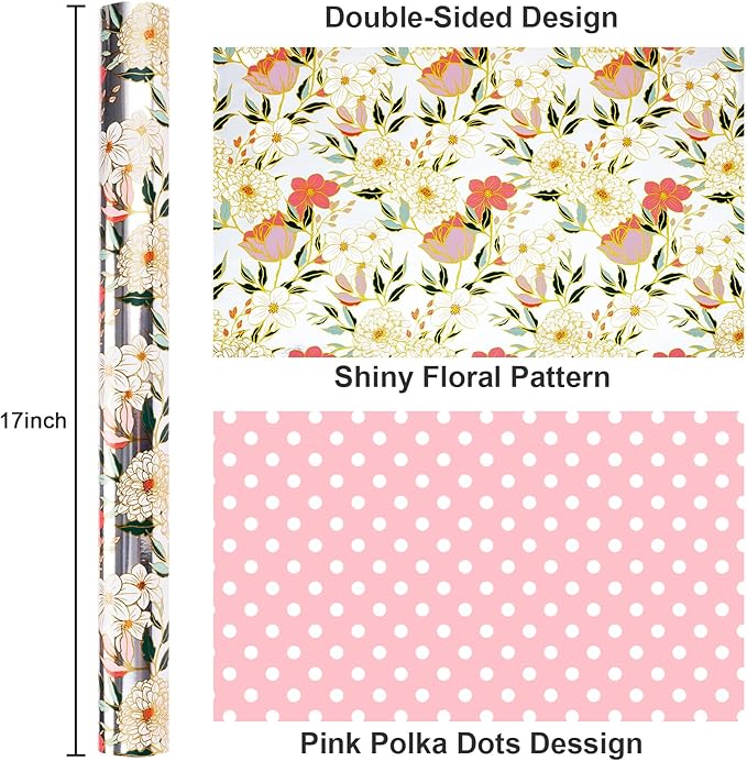 Yarcony Reversible Floral Wrapping Paper Roll, Bridal Shower Wrapping Paper, Colorful Flower Gift Wrap with Metallic Foil Shine for Birthday, Wedding, Mother's Day, Valentine's Day(17 Inch X 33 Feet)