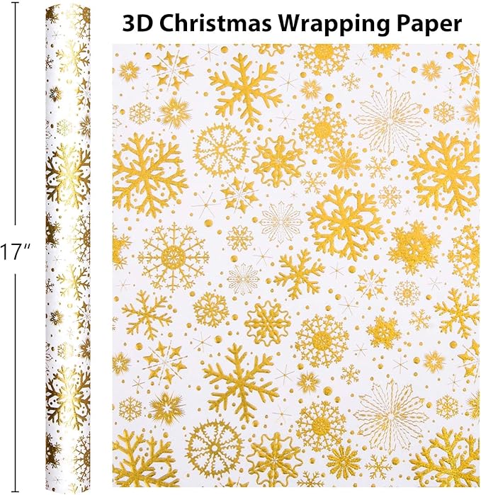 Flyhill Kraft Christmas White Wrapping Paper,Gold Luxury Snowflake Metallic Gold Embossed Foil Gift Wrap Roll Design for Holiday, Party,Celebration, New Year (17 Inch X 32.8 Feet)