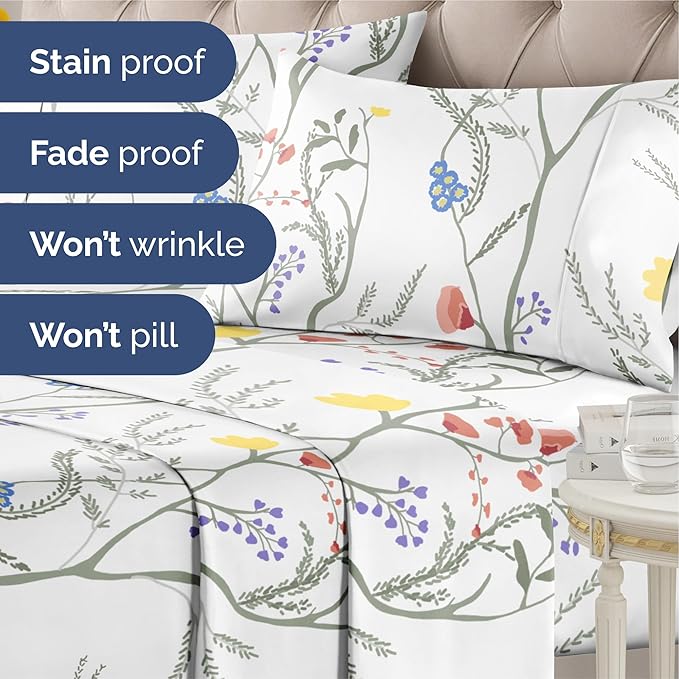 Floral Sheets - Boho Queen Bed Sheet Set - 1 Flat, 1 Fitted & 2 Pillowcases w/ Deep Pockets - Comfy, Wrinkle & Fade Free - Boho Botanical Bedding - Ultra-Soft, Breathable & Cooling - Queen Size Set