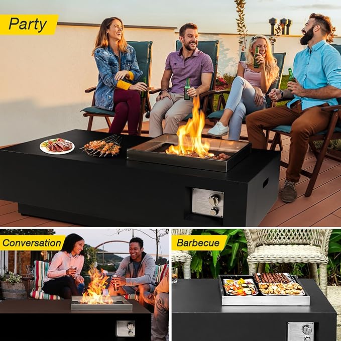 SiTimmGer 48" Modern Steel Fire Pit Table Set – Low-Profile Propane Gas Fire Table with Tank Cover, 50,000 BTU, for Contemporary Patios & Decks