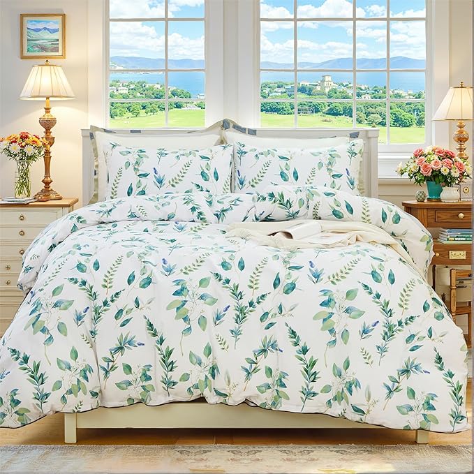 Botanical 100% Cotton Duvet Cover Queen Size - 3Pcs Mint Green Printed with Sage & Emerald Leaves on White,Reversible Lightweight and Soft Bedding Sets