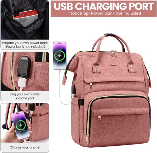 LOVEVOOK Laptop Backpack - 18-Inch Waterproof Travel Bag with USB Port for Women | Light Pink