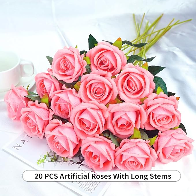 20PCS Artificial Roses with Long Stems - Realistic Silk Flowers, Fake Roses Real Touch Bouquet of Roses for Home Decor, Bridal Wedding Party Table Centerpieces, Bulk Faux Rose Flowers (Pink)