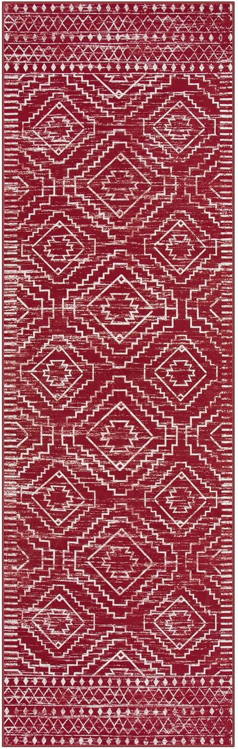 Wonnitar Moroccan Washable 2.5x8 Christmas Runner Rug for Hallway, Non-Slip Stain Resistant Kitchen Runners, Farmhouse Floor Carpet Soft Runner for Bathroom Hall Entyway (Red,2'6"x8')
