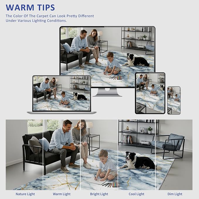 Merelax 6x9 Area Rugs for Living Room - Washable Non-Slip Abstract Blue Rug, Indoor Floor Carpet Low Pile Soft Rug for Bedroom Dining Room, Mudroom, Modern Aesthetic Decor, Blue/Gold