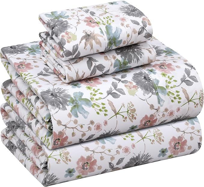 RUVANTI 100% Cotton Sheets Queen Size Set, 4 Pieces, Soft & Breathable Percale Weave Bedding, Deep Pocket 16", Hotel Standard, Crisp Cool Feeling, Durable, Perfect Floral Bed Sheet, Dandelion Field