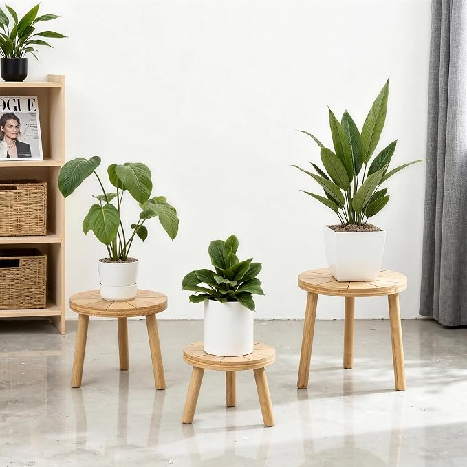 Delma Wood Plant Stands Indoor, 3-Pack Single Plant Stand for 7-10 Inch Pots, Mid-Century Modern Plant Stool, Tall Plant Stand for Large Plants for Living Room, Balcony, Office (Light Brown, 3-Pack)