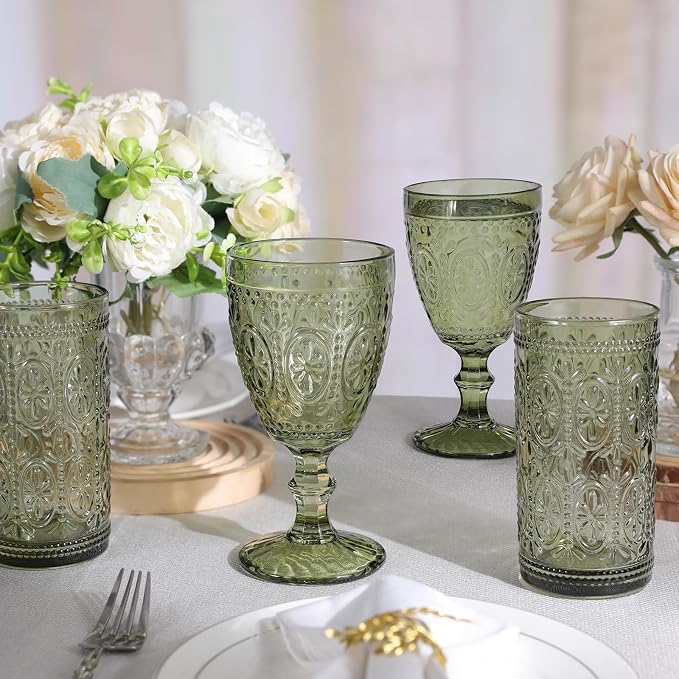 abrwyy Green Drinking Glasses Set of 4, Vintage Drinking Glasses, Colored Glassware Drinking, Highball Beverage Glasses Cup, Vintage Glassware Set for Water, Juice, Cocktail, Coffee