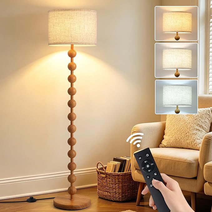 62" Vintage Farmhouse Floor Lamp for Living Room,3 Color Temperatures & Dimmable,Rustic Standing Lamp with Remote & Foot Switch,Retro Wood Grain Tall Floor Lamp for Bedroom Office Corner(Natural Wood)