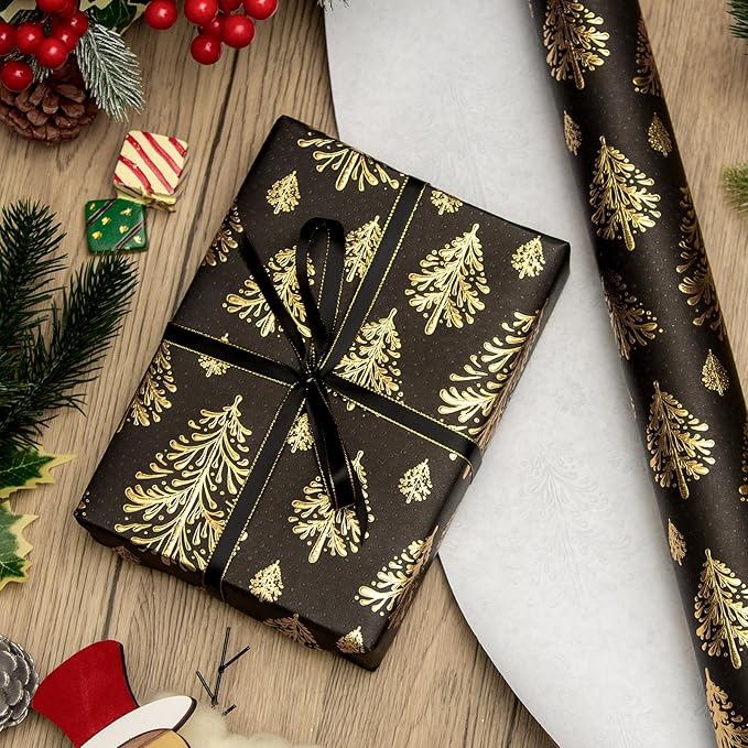 Flyhill Black Kraf Christmas Wrapping Paper,Gold 3D Embossed Foil Christmas Pine Tree with Woodlands Wrap Paper for Holiday, Party,Celebration, New Year (17 Inch X 32.8 Feet)