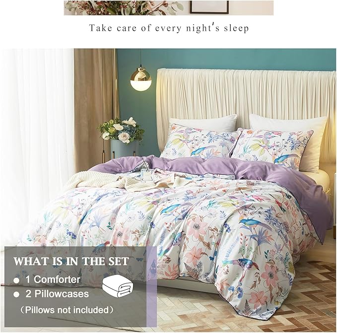 VM VOUGEMARKET Bird Flower Comforter Set Full Vintage Purple Flower Botanical Comforter,Fresh Garden Style Comforter with 2 Pillow Shams for Teen Girls(3pcs,Full)
